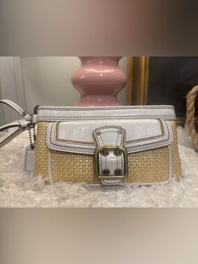 Coach Beige Woven Wristlet with White Leather Trim